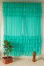 Solid Green Sheer Window Curtain with Layered Ruffle Borders