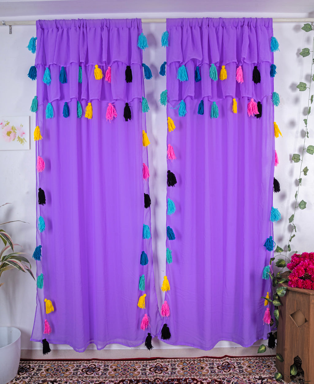 Purple Sheer Curtains with Multicolor Tassel Details – Set of 2 Panels