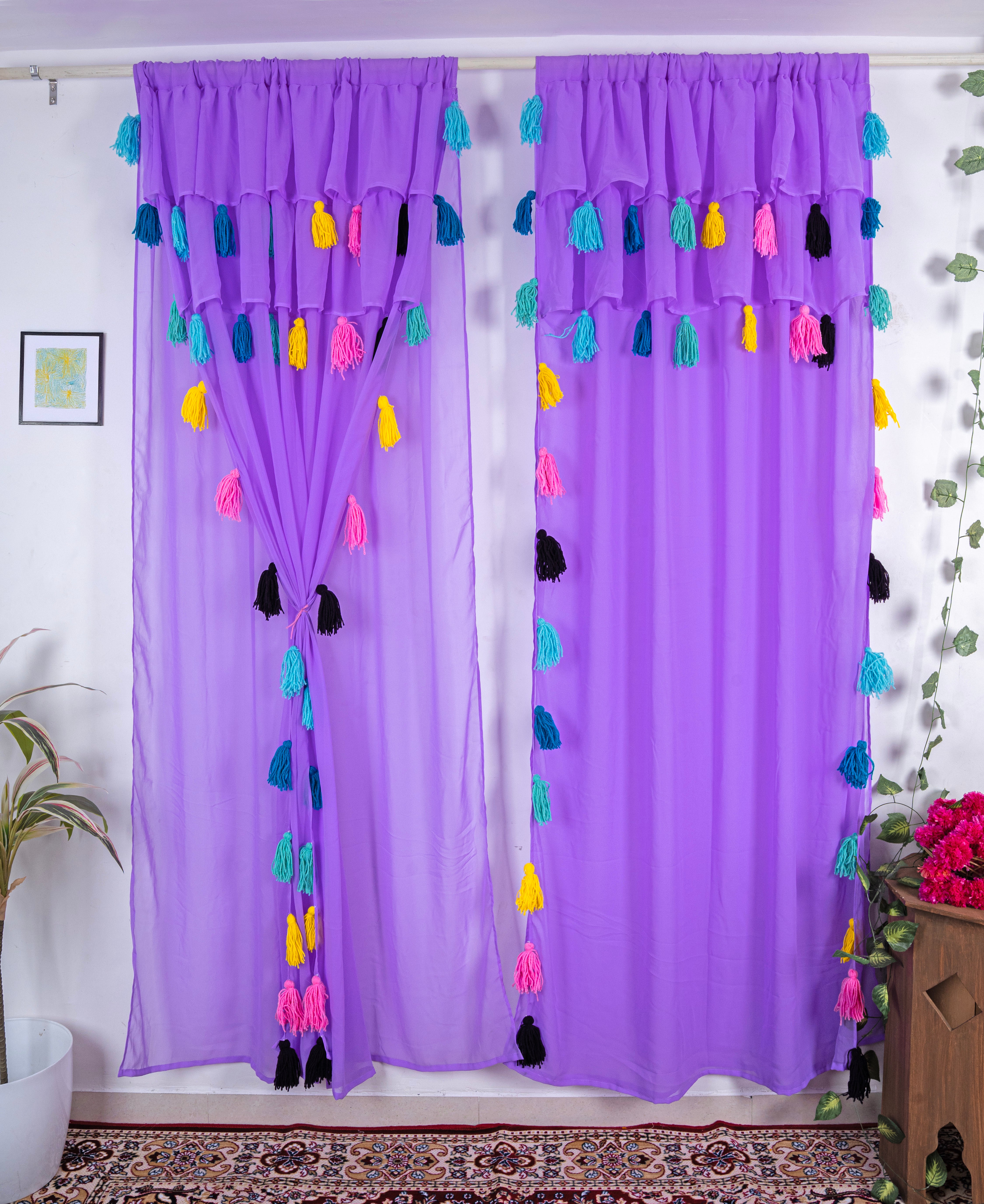 Purple Sheer Curtains with Multicolor Tassel Details – Set of 2 Panels Main image