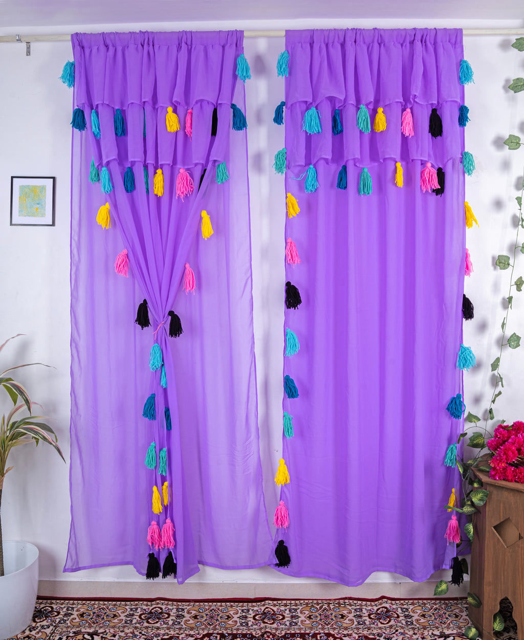 Purple Sheer Curtains with Multicolor Tassel Details – Set of 2 Panels