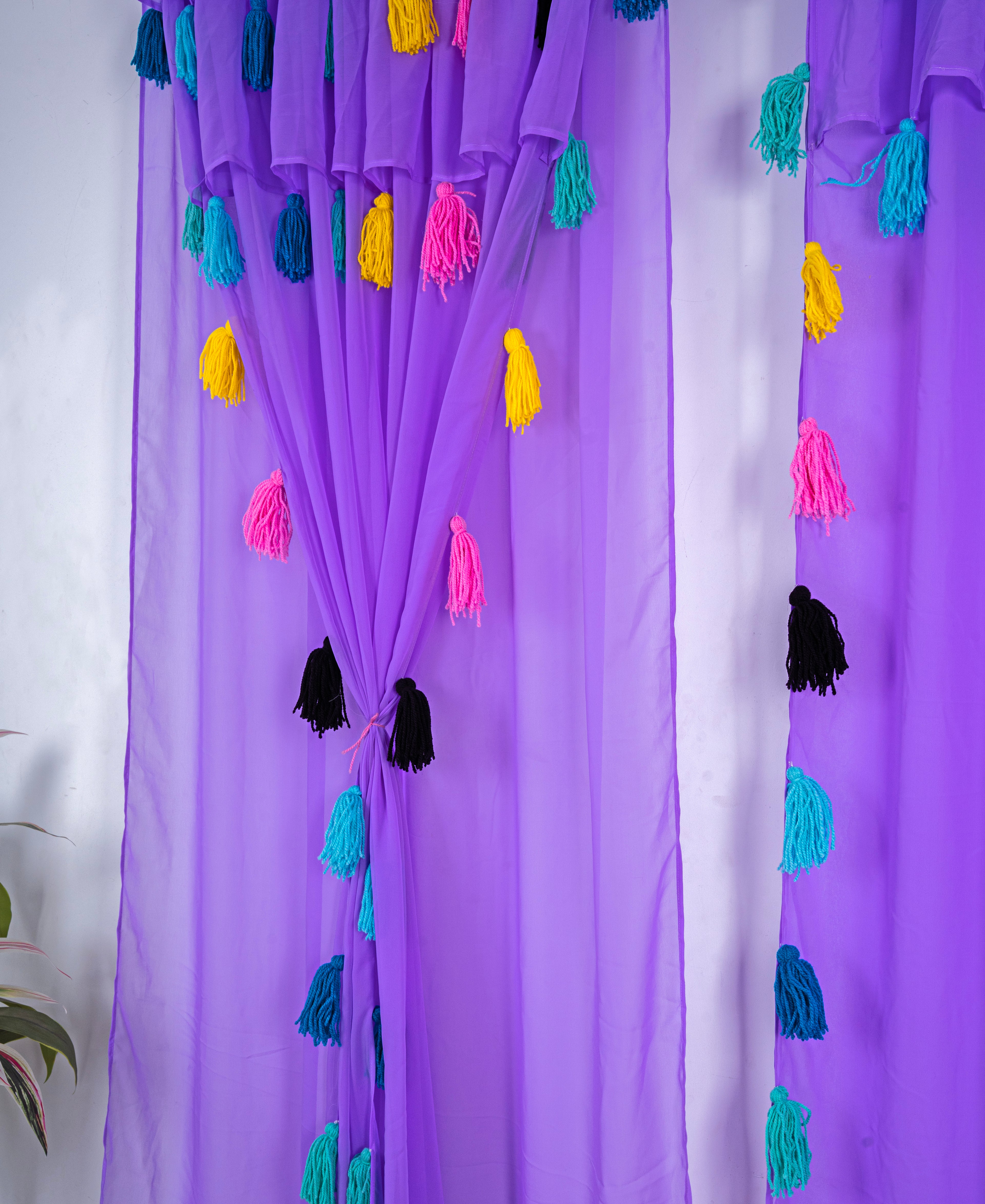 Purple Sheer Curtains with Multicolor Tassel Details – Set of 2 Panels