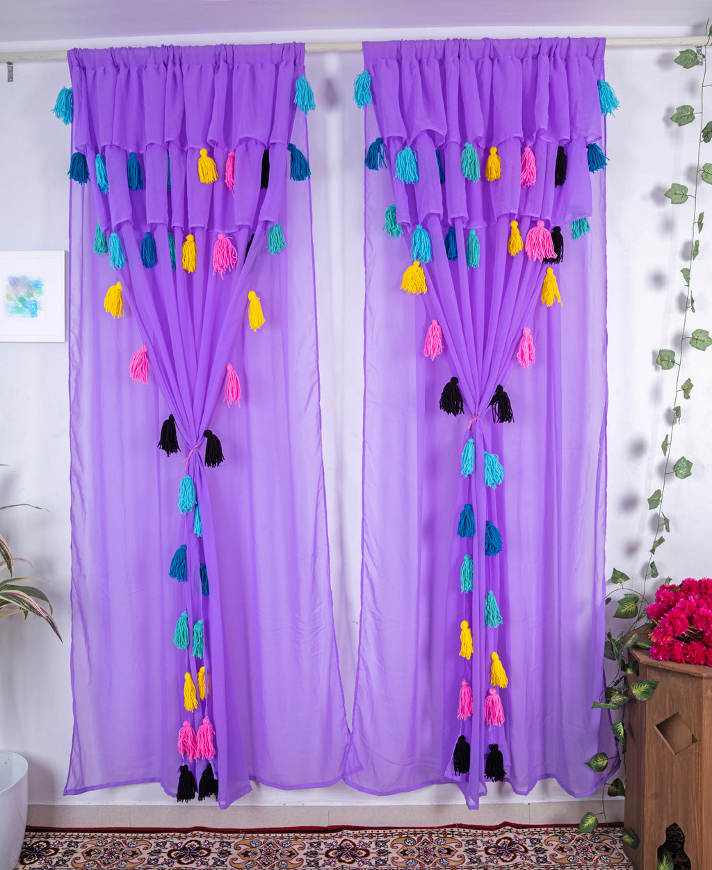 Purple Sheer Curtains with Multicolor Tassel Details – Set of 2 Panels