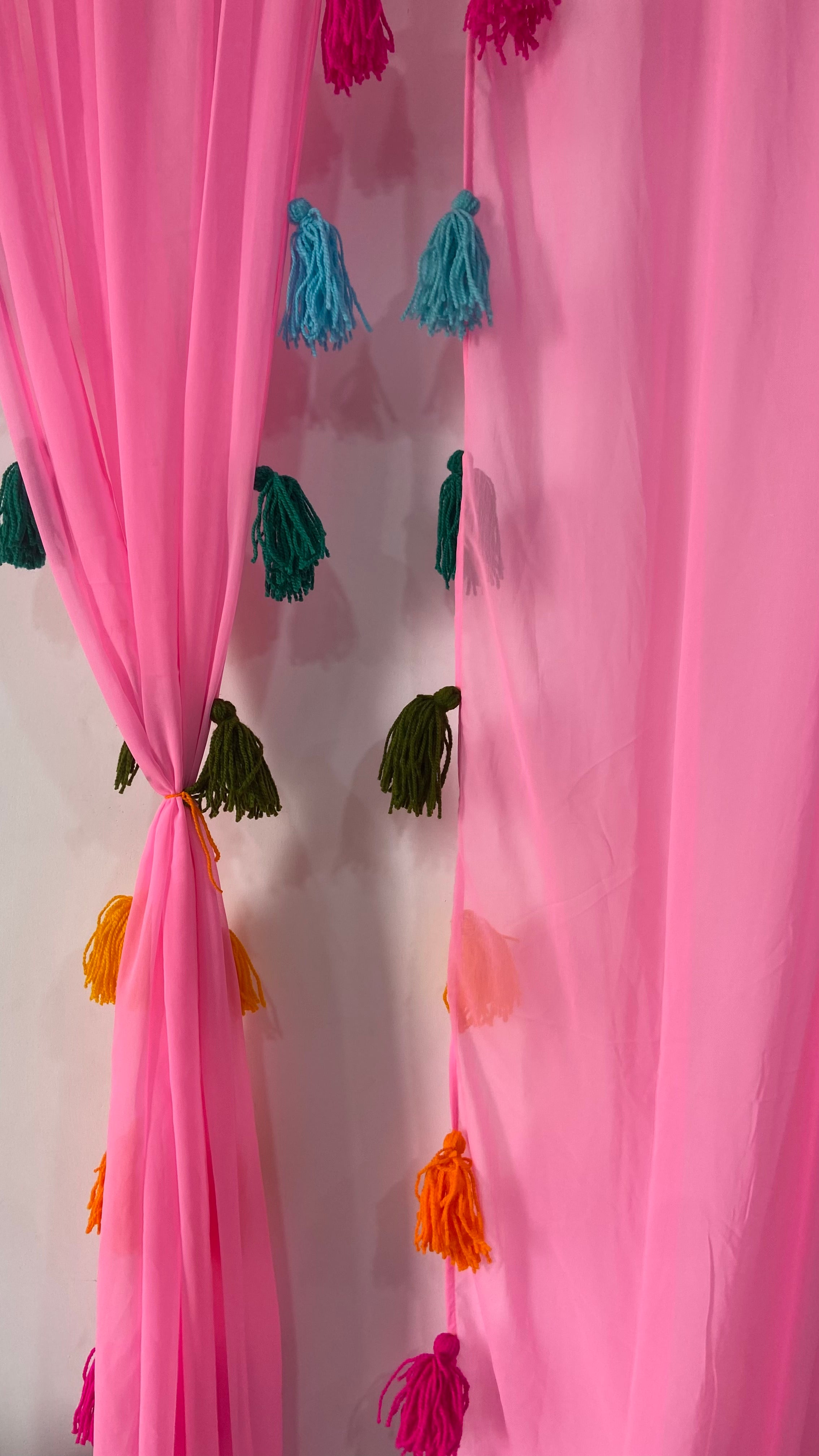 Bright Pink Sheer Curtains with Multi-Colored Tassels Secondary image