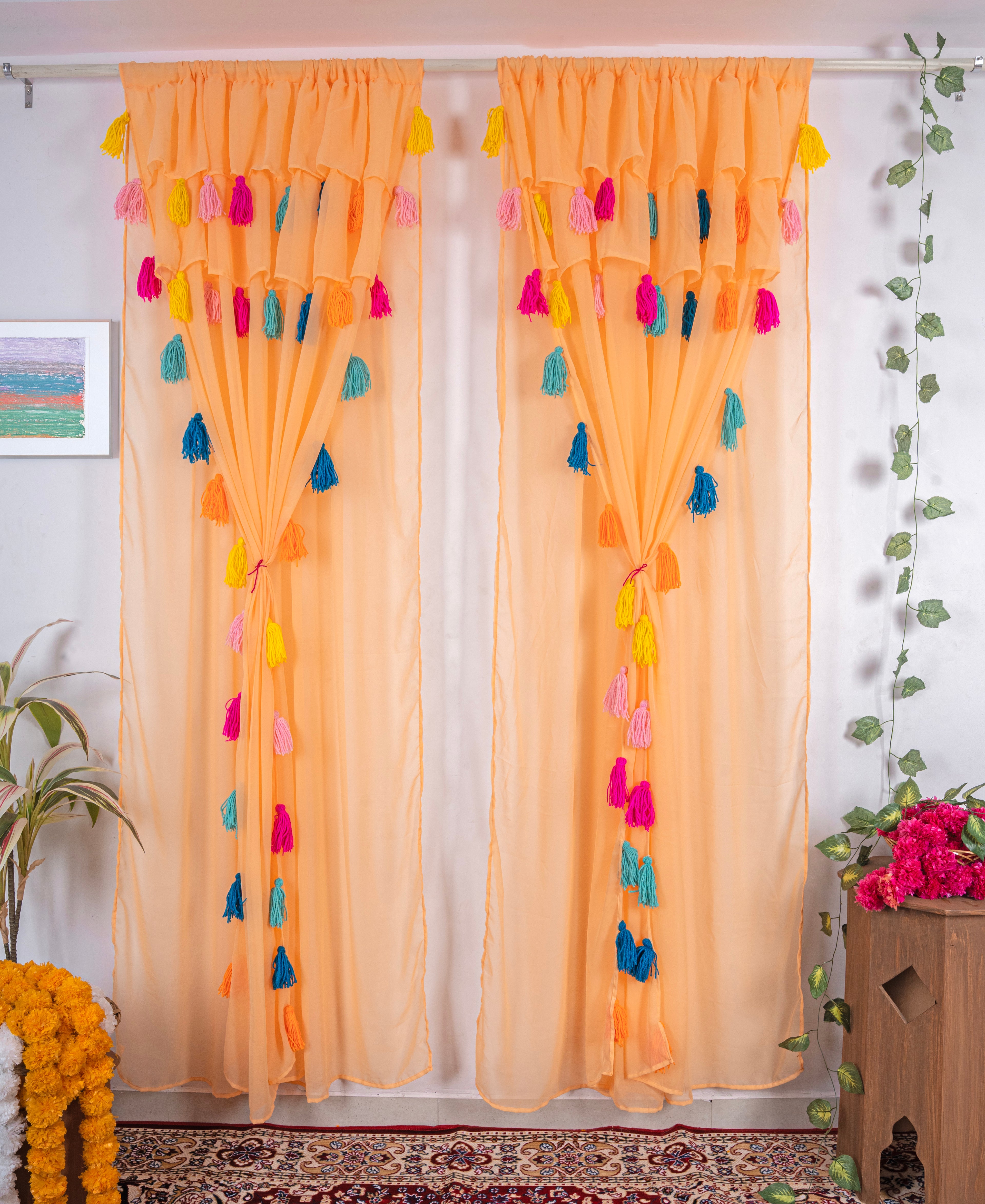Peach Sheer Curtains with Multicolor Tassel Details – Set of 2 Panels
