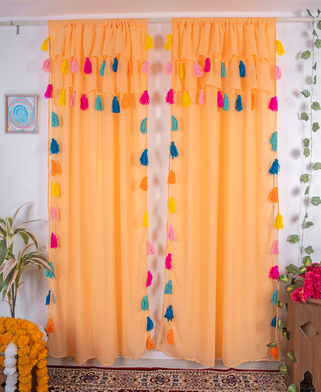 Peach Sheer Curtains with Multicolor Tassel Details – Set of 2 Panels