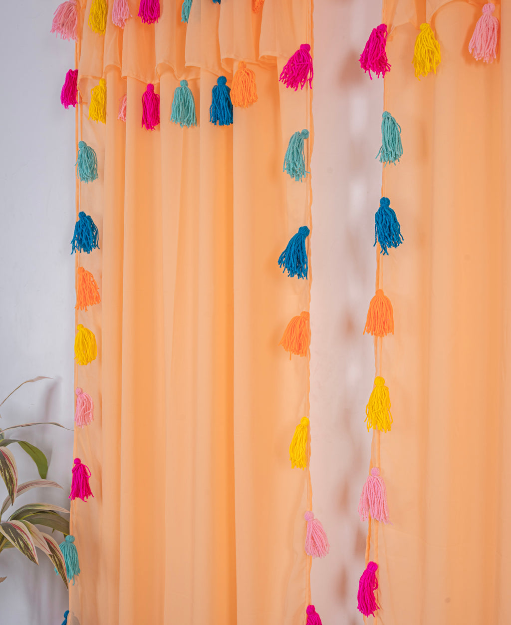 Peach Sheer Curtains with Multicolor Tassel Details – Set of 2 Panels