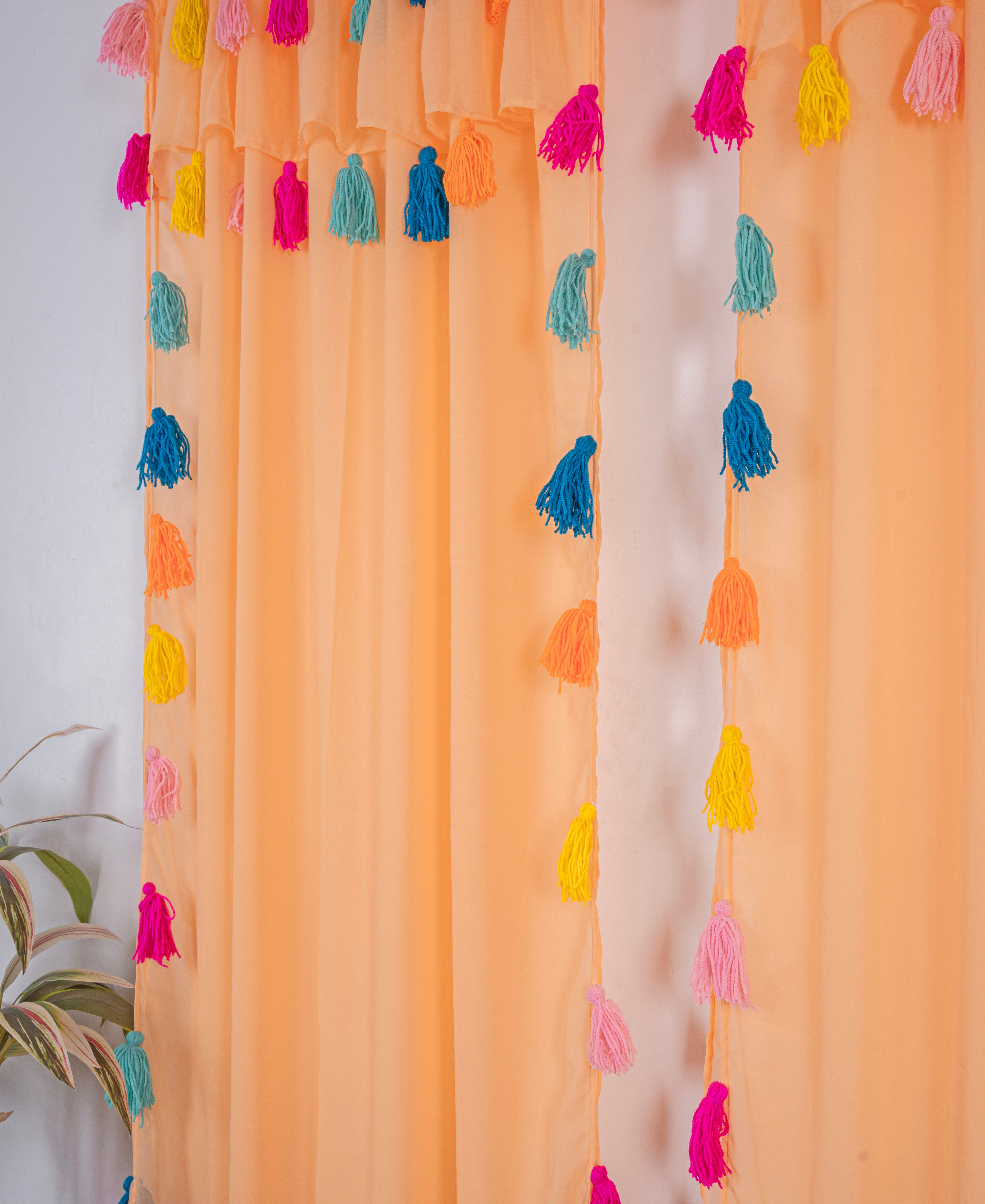 Peach Sheer Curtains with Multicolor Tassel Details – Set of 2 Panels