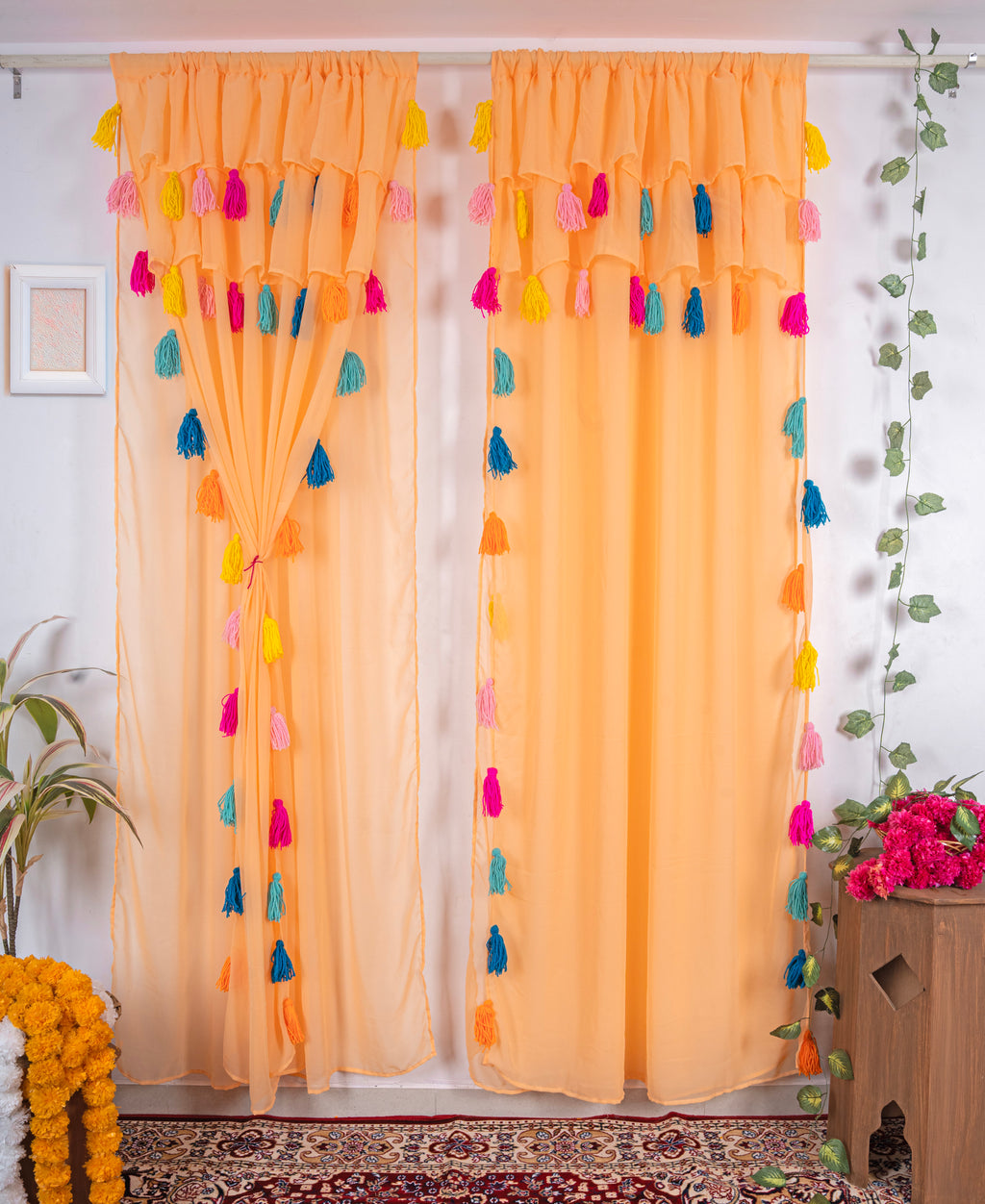 Peach Sheer Curtains with Multicolor Tassel Details – Set of 2 Panels