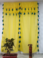 Yellow Sheer Curtain with Green Tassel Detailing