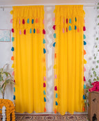 Yellow Sheer Curtains with Multicolor Tassel Details – Set of 2 Panels