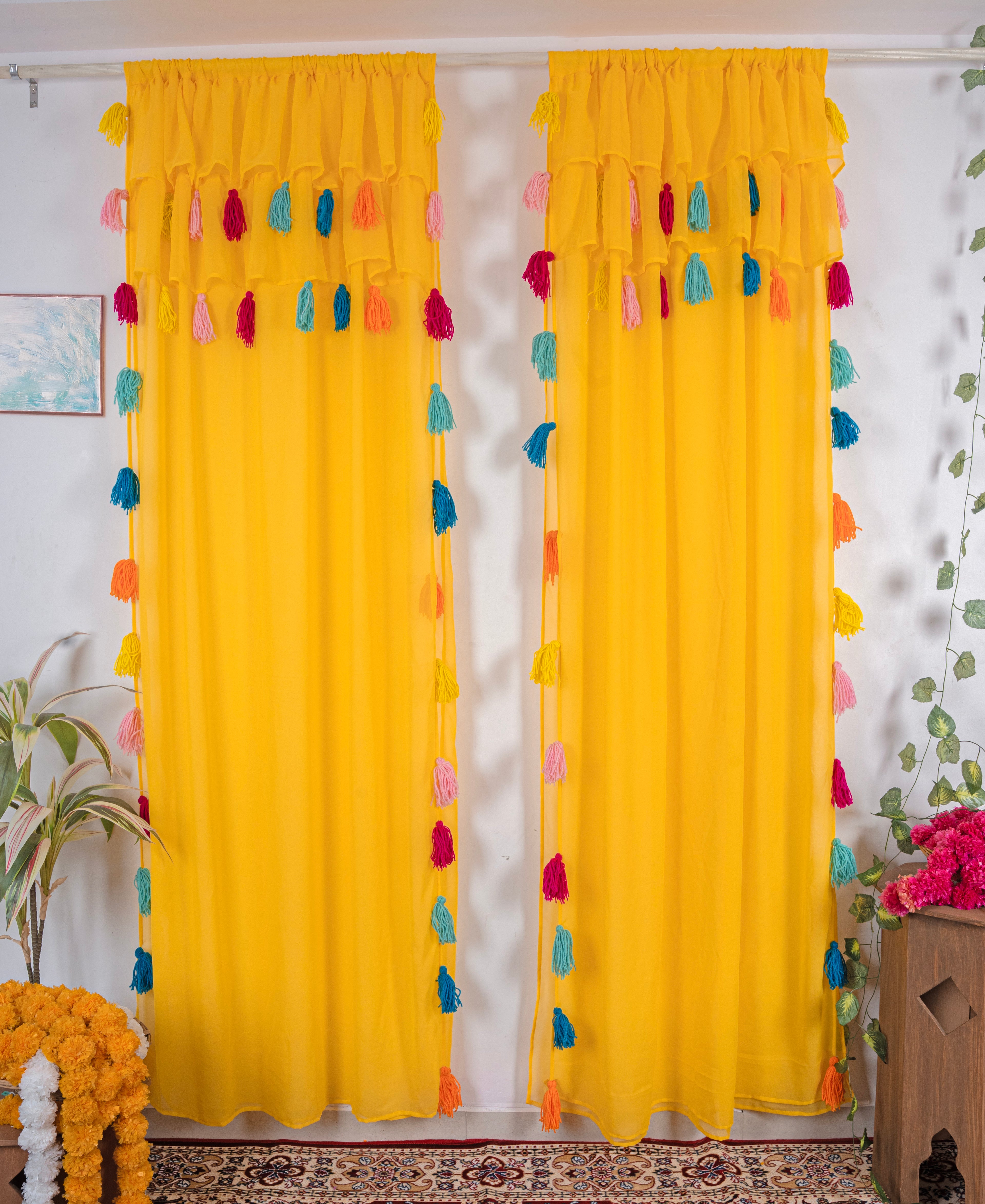 Yellow Sheer Curtains with Multicolor Tassel Details – Set of 2 Panels