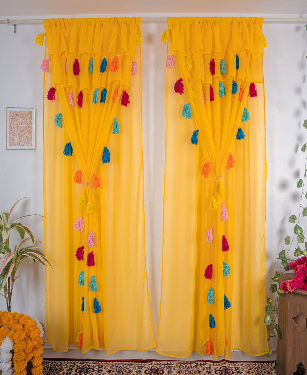Yellow Sheer Curtains with Multicolor Tassel Details – Set of 2 Panels