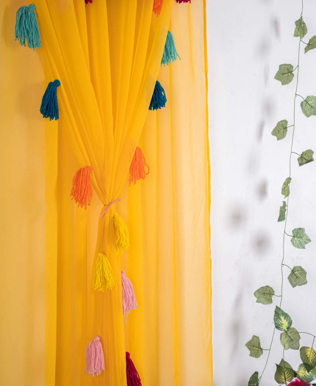 Yellow Sheer Curtains with Multicolor Tassel Details – Set of 2 Panels