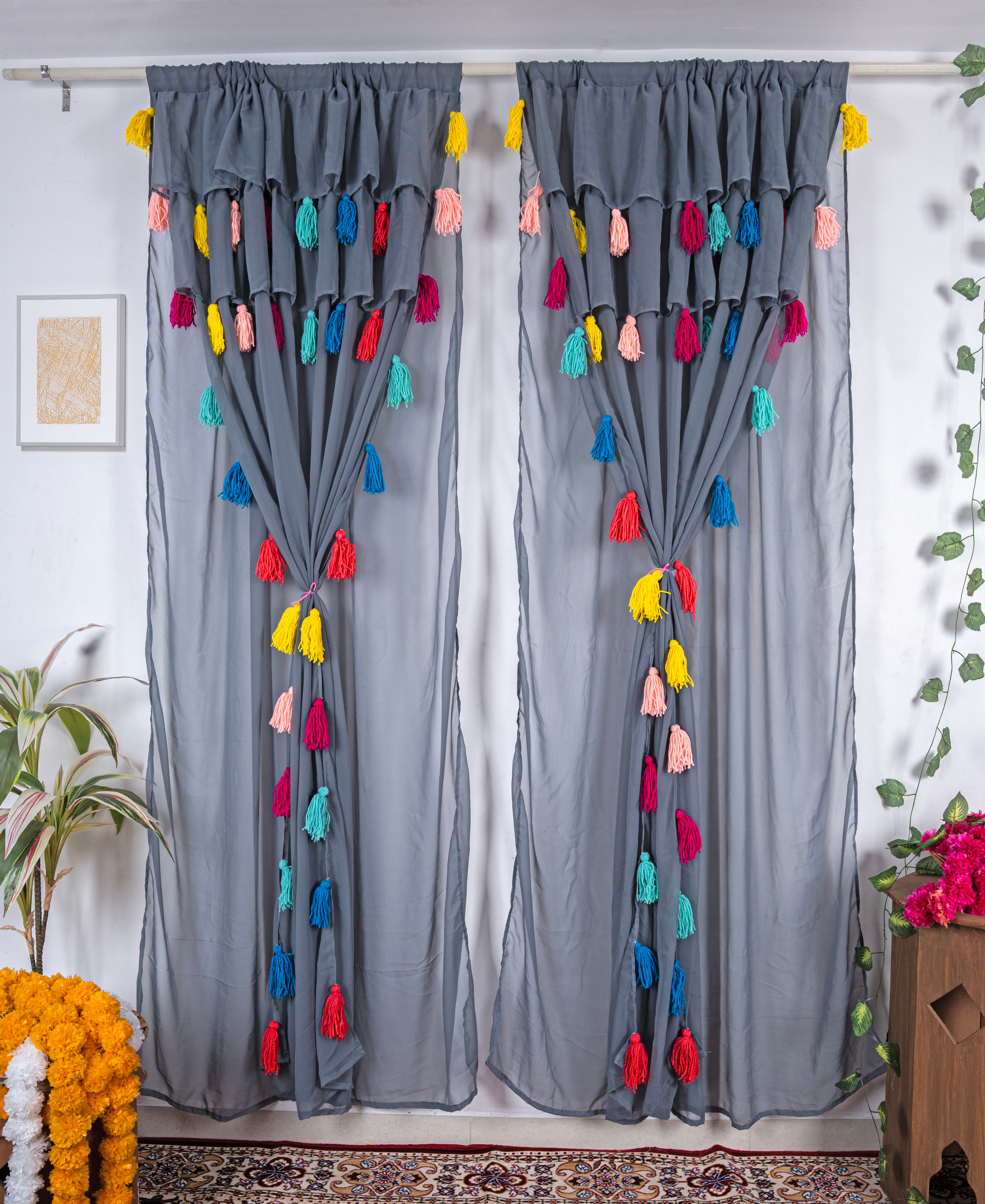 Grey Sheer Curtains with Multicolor Tassel Details – Set of 2 Panels Main image