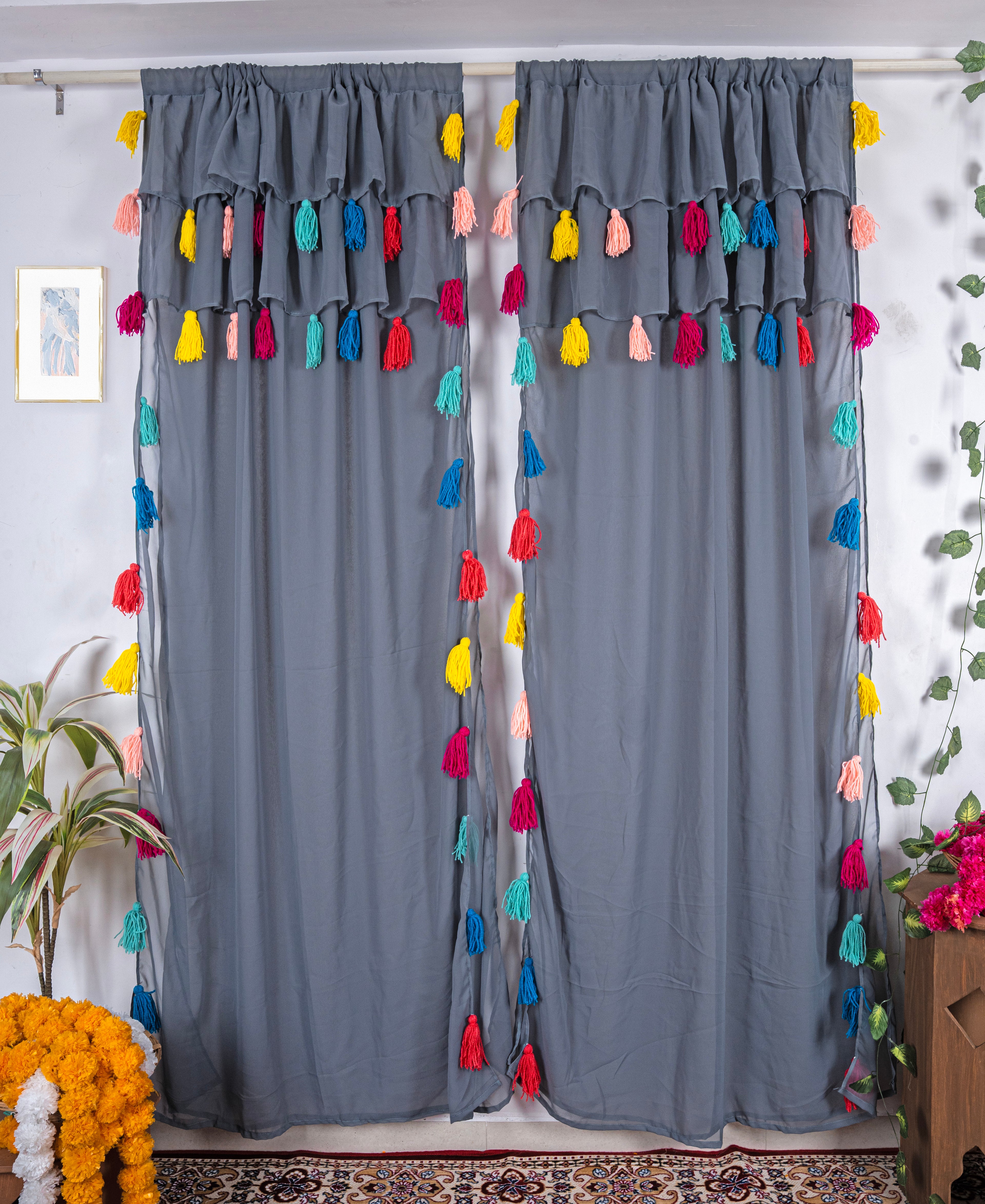 Grey Sheer Curtains with Multicolor Tassel Details – Set of 2 Panels