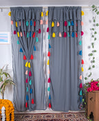Grey Sheer Curtains with Multicolor Tassel Details – Set of 2 Panels