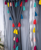 Grey Sheer Curtains with Multicolor Tassel Details – Set of 2 Panels