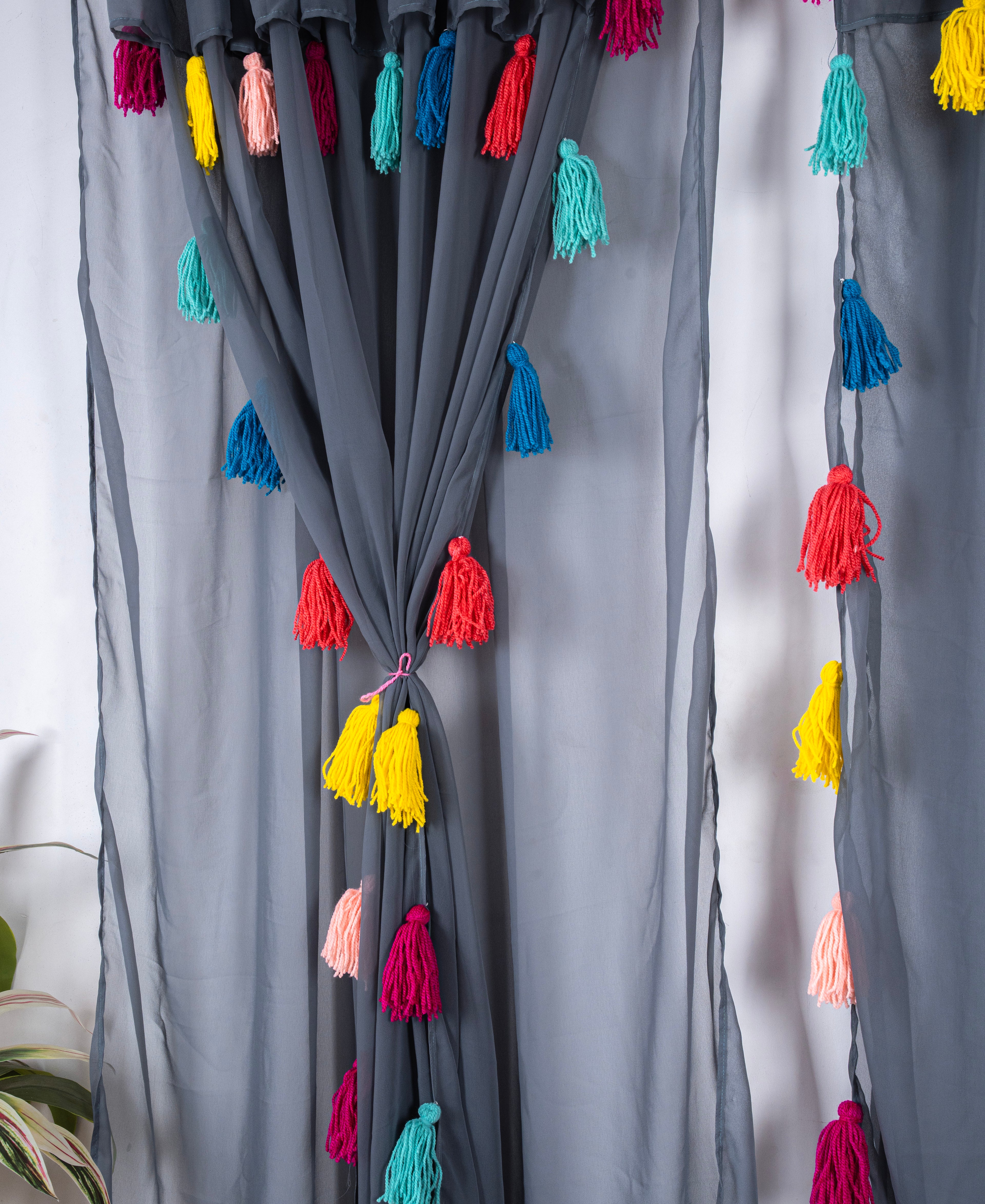 Grey Sheer Curtains with Multicolor Tassel Details – Set of 2 Panels