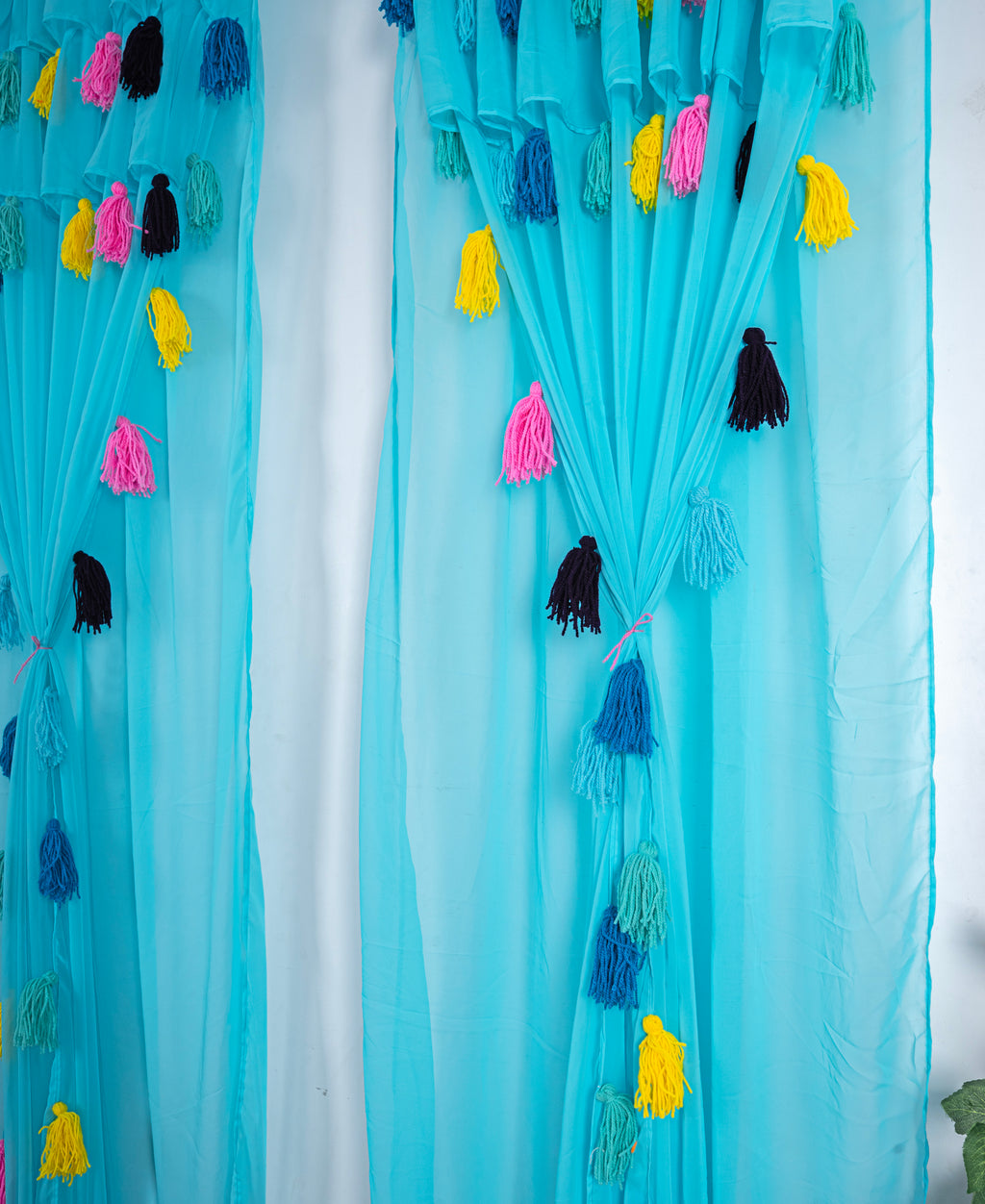 Aqua Blue Sheer Curtains with Multicolor Tassel Details – Set of 2 Panels