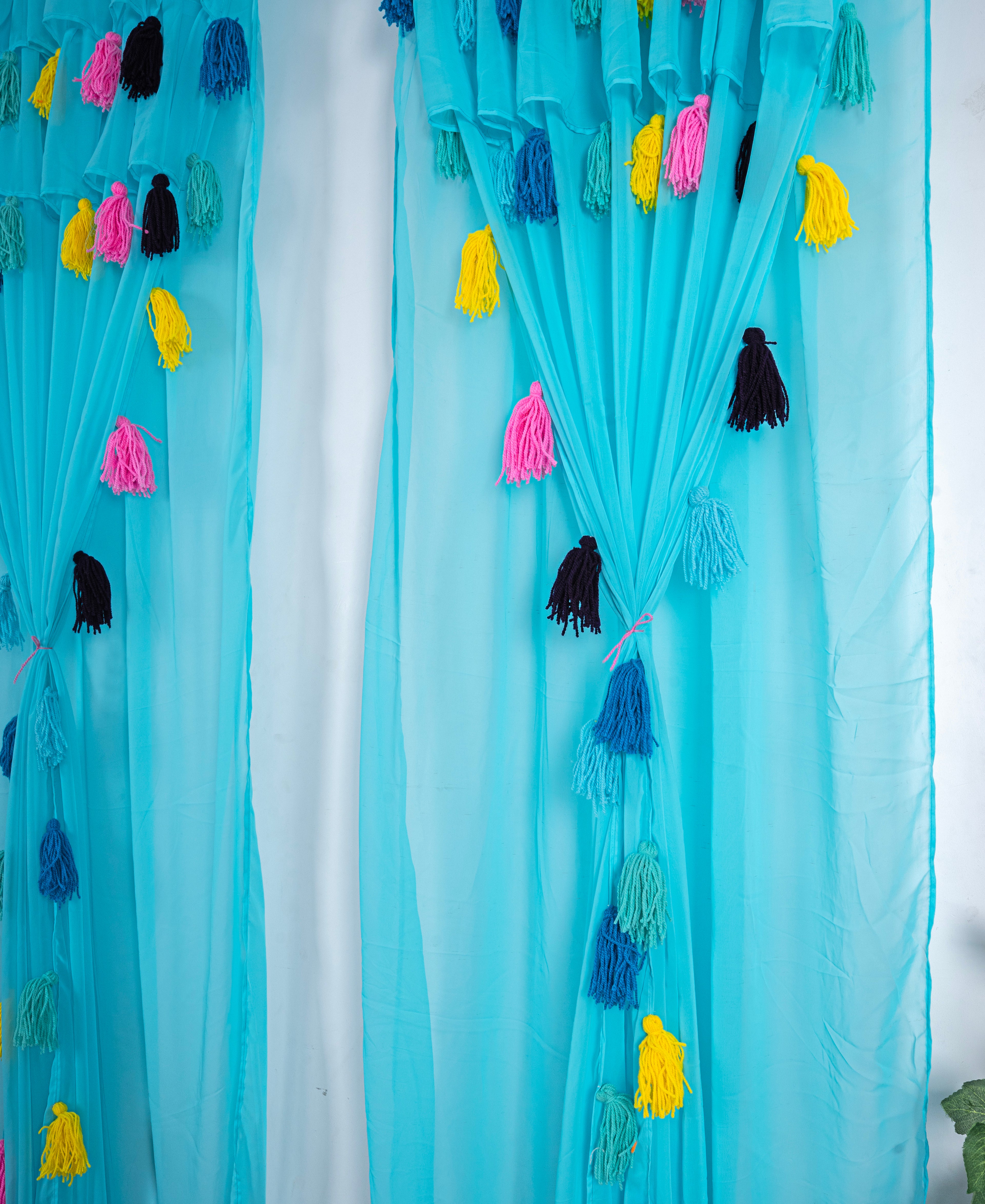 Aqua Blue Sheer Curtains with Multicolor Tassel Details – Set of 2 Panels