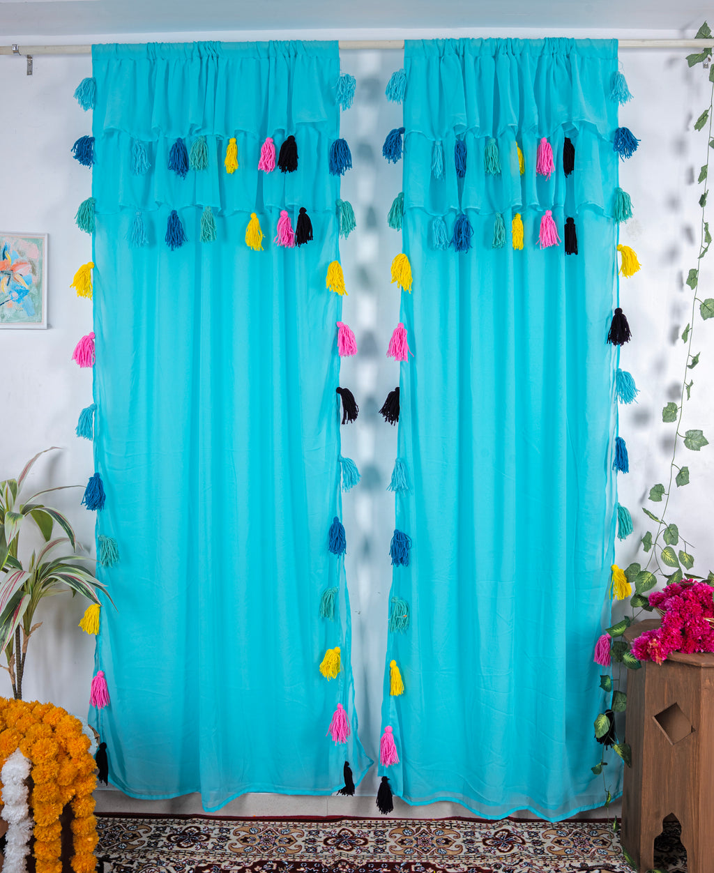 Aqua Blue Sheer Curtains with Multicolor Tassel Details – Set of 2 Panels
