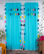 Aqua Blue Sheer Curtains with Multicolor Tassel Details – Set of 2 Panels