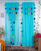 Aqua Blue Sheer Curtains with Multicolor Tassel Details – Set of 2 Panels