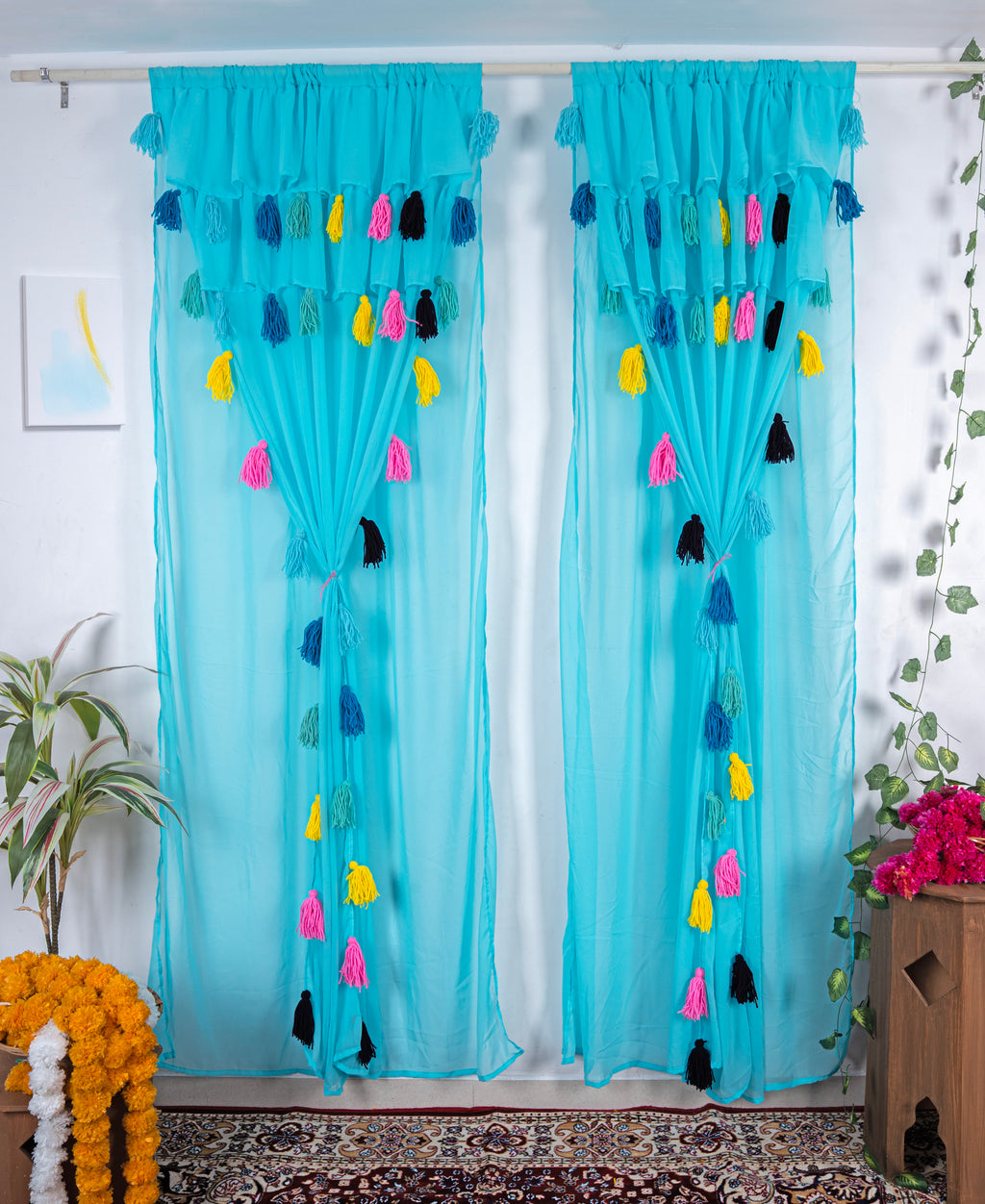 Aqua Blue Sheer Curtains with Multicolor Tassel Details – Set of 2 Panels