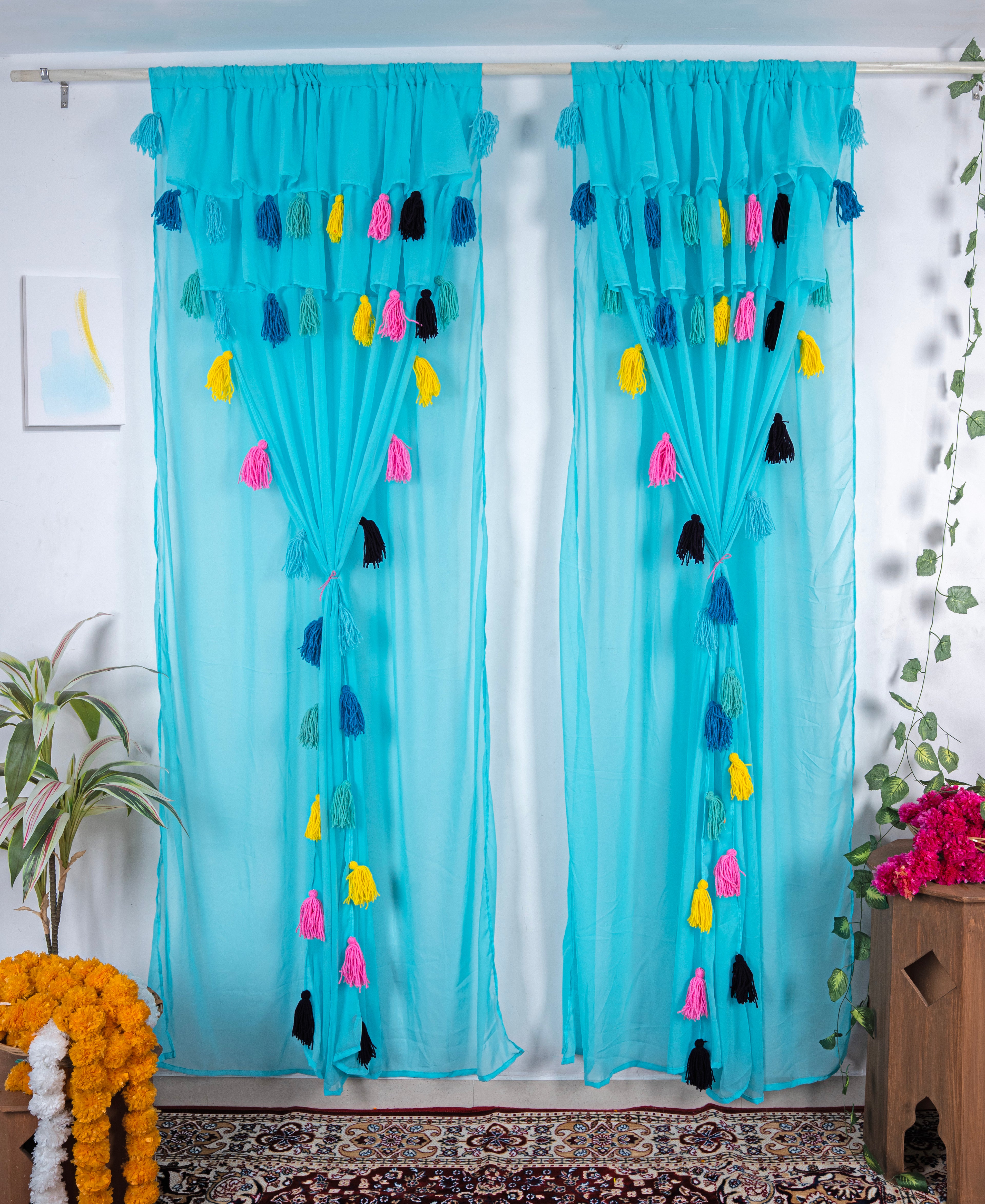 Aqua Blue Sheer Curtains with Multicolor Tassel Details – Set of 2 Panels