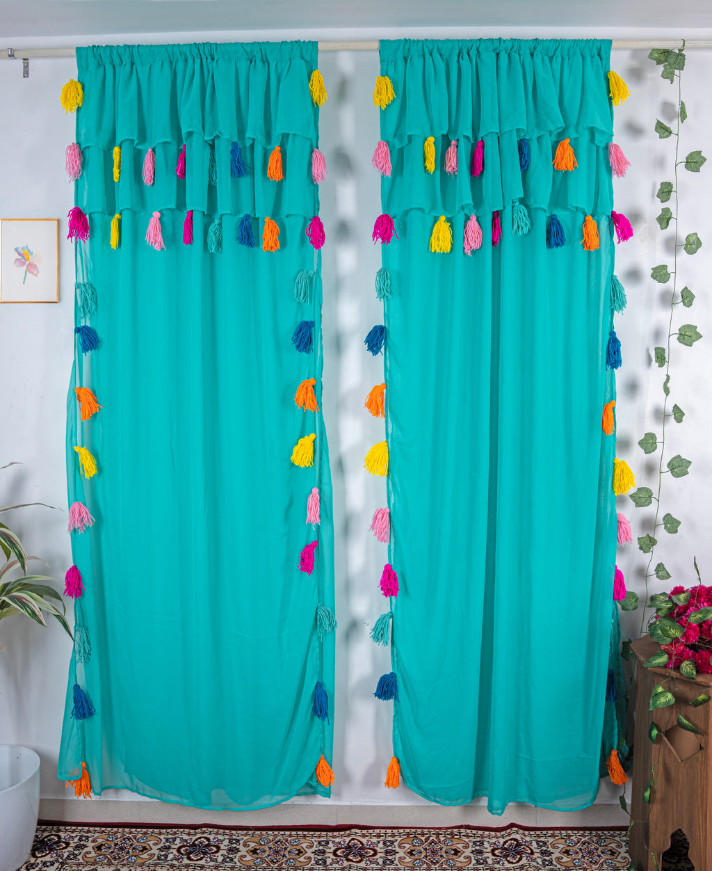 Teal Sheer Curtains with Multicolor Tassel Details – Set of 2 Panels