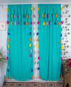 Teal Sheer Curtains with Multicolor Tassel Details – Set of 2 Panels