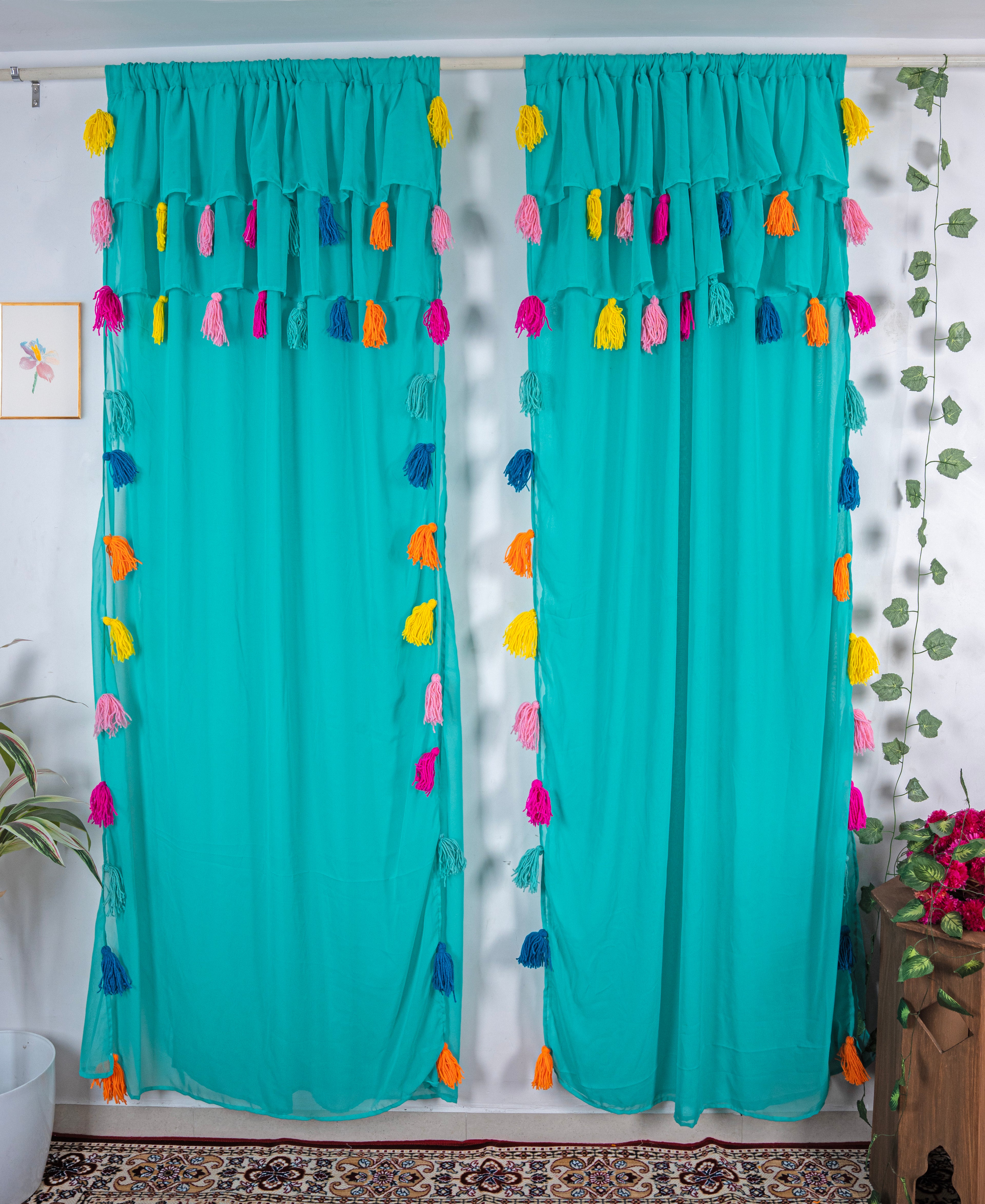 Teal Sheer Curtains with Multicolor Tassel Details – Set of 2 Panels