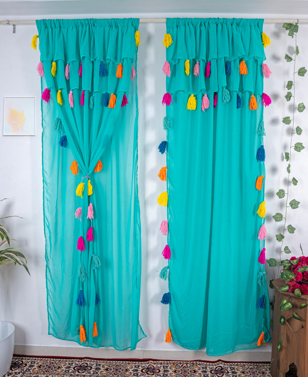 Teal Sheer Curtains with Multicolor Tassel Details – Set of 2 Panels