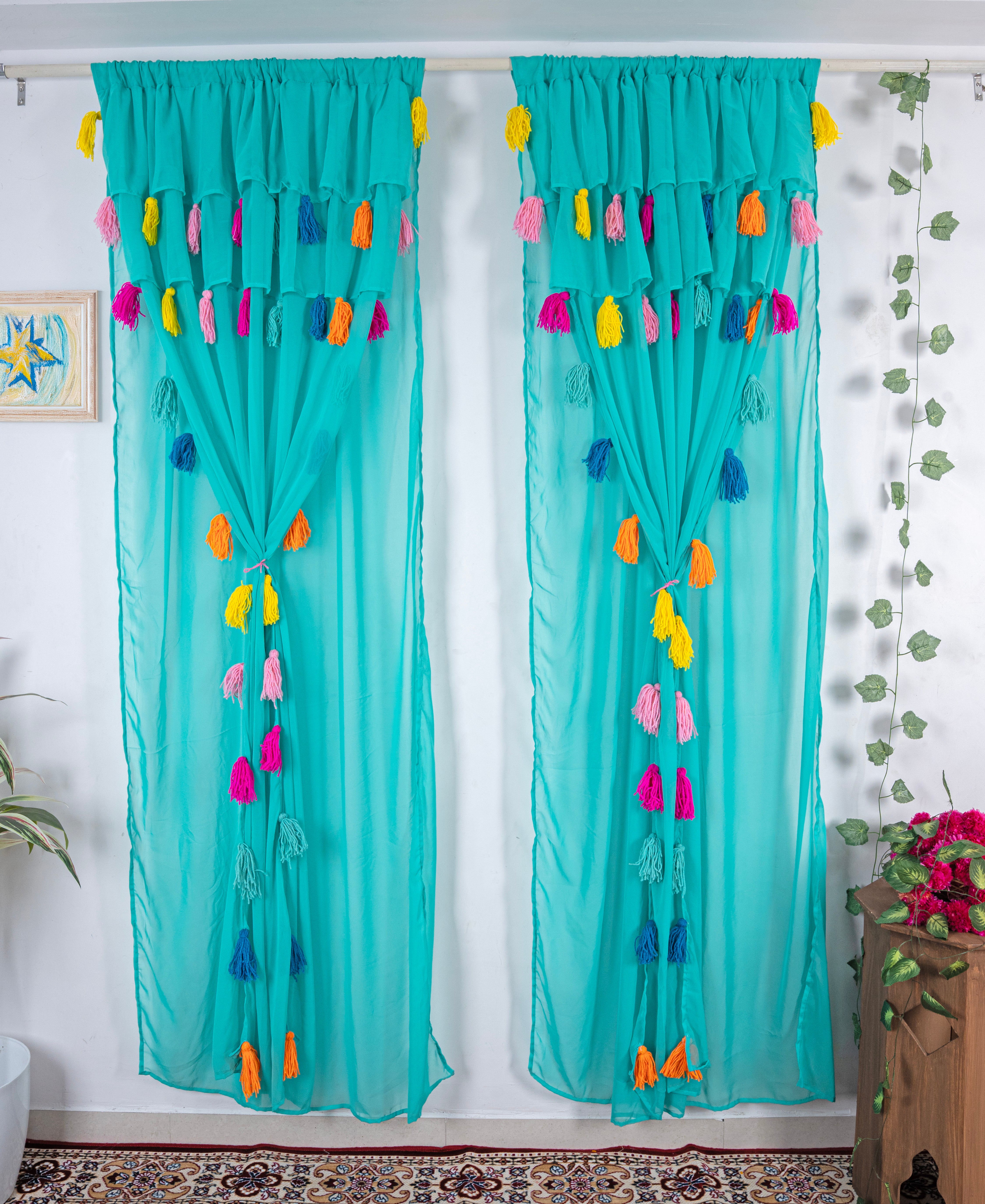 Teal Sheer Curtains with Multicolor Tassel Details – Set of 2 Panels Main image