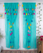 Teal Sheer Curtains with Multicolor Tassel Details – Set of 2 Panels