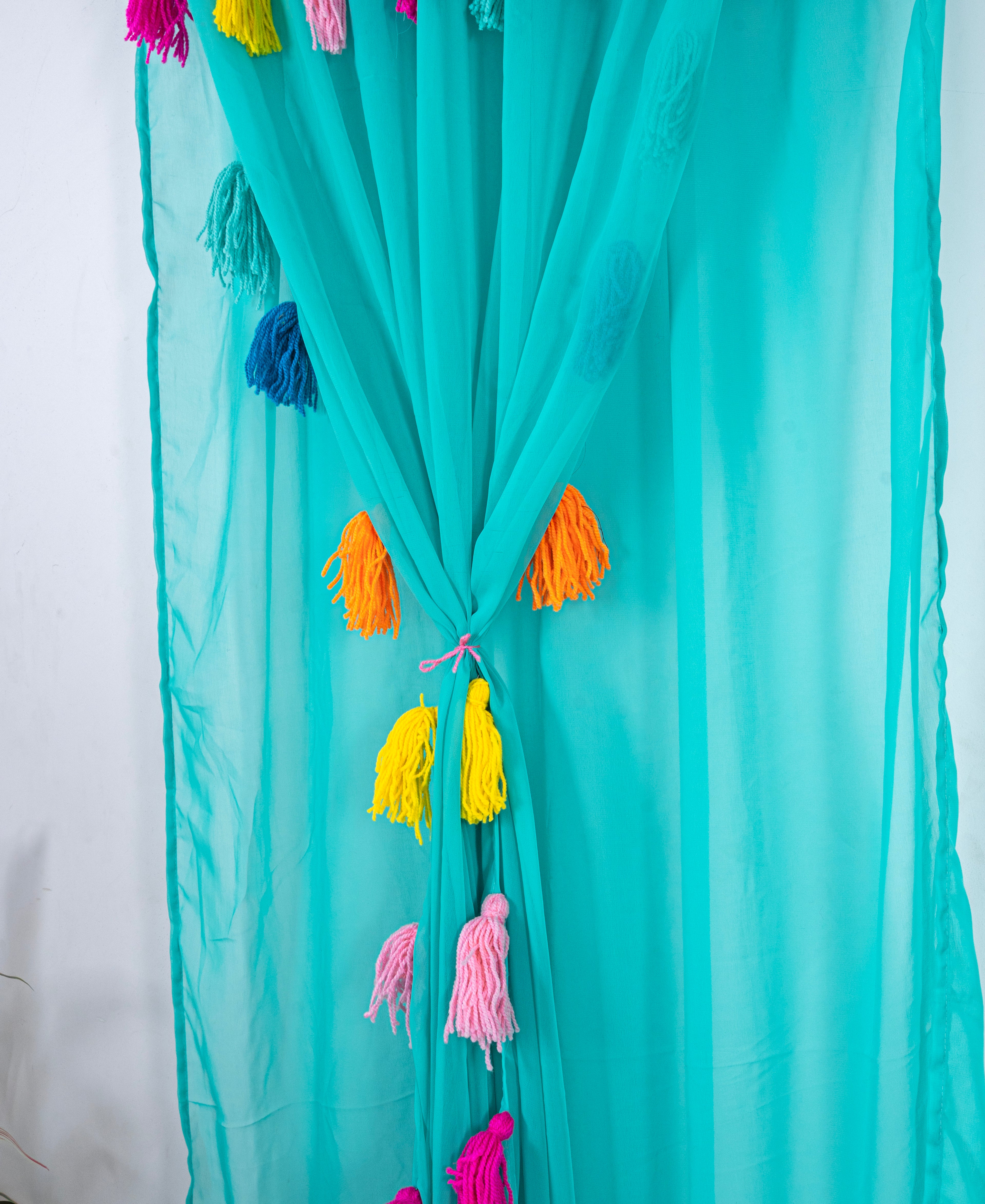 Teal Sheer Curtains with Multicolor Tassel Details – Set of 2 Panels