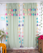Light Green Sheer Curtains with Multicolor Tassel Details – Set of 2 Panels