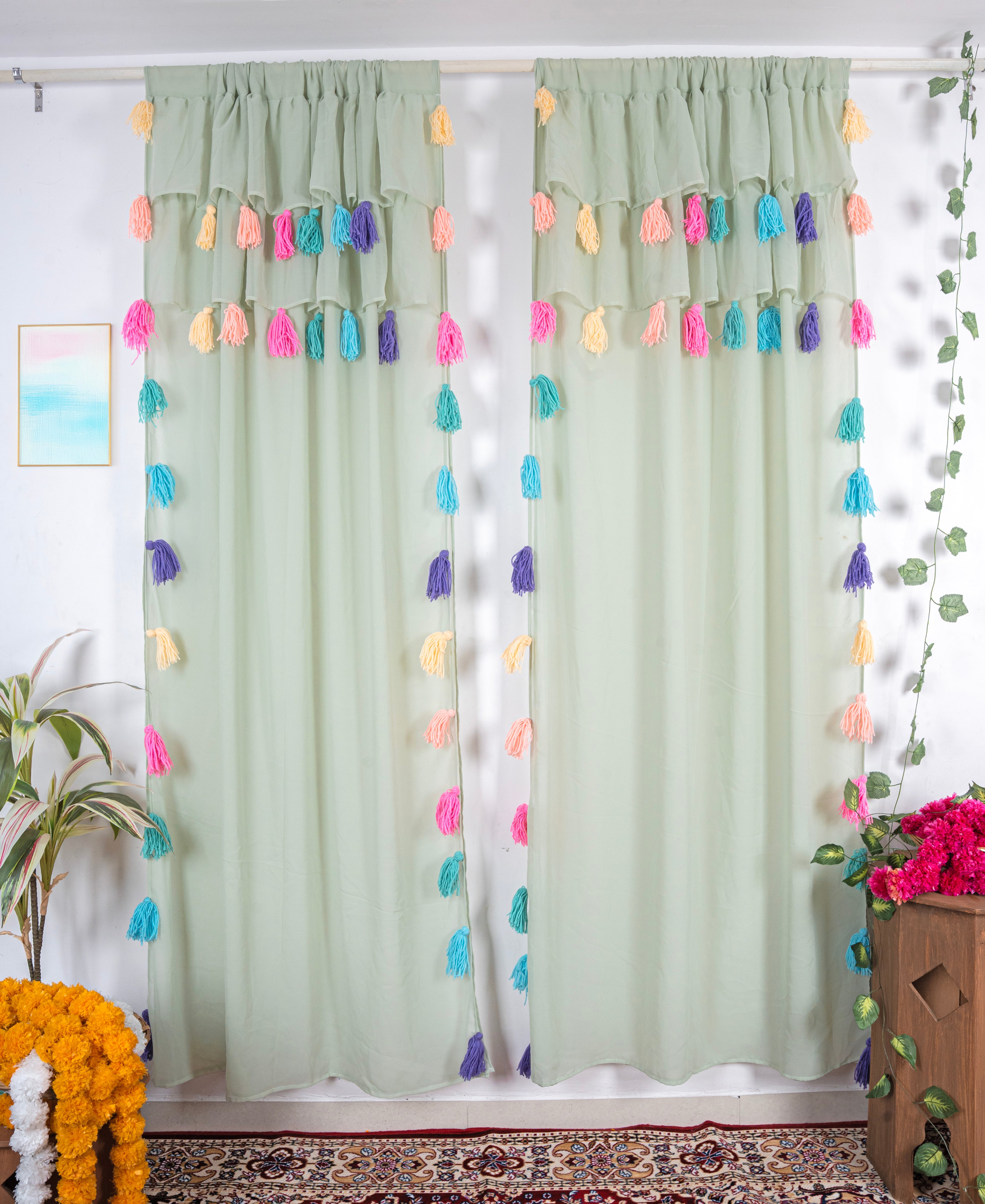 Light Green Sheer Curtains with Multicolor Tassel Details – Set of 2 Panels