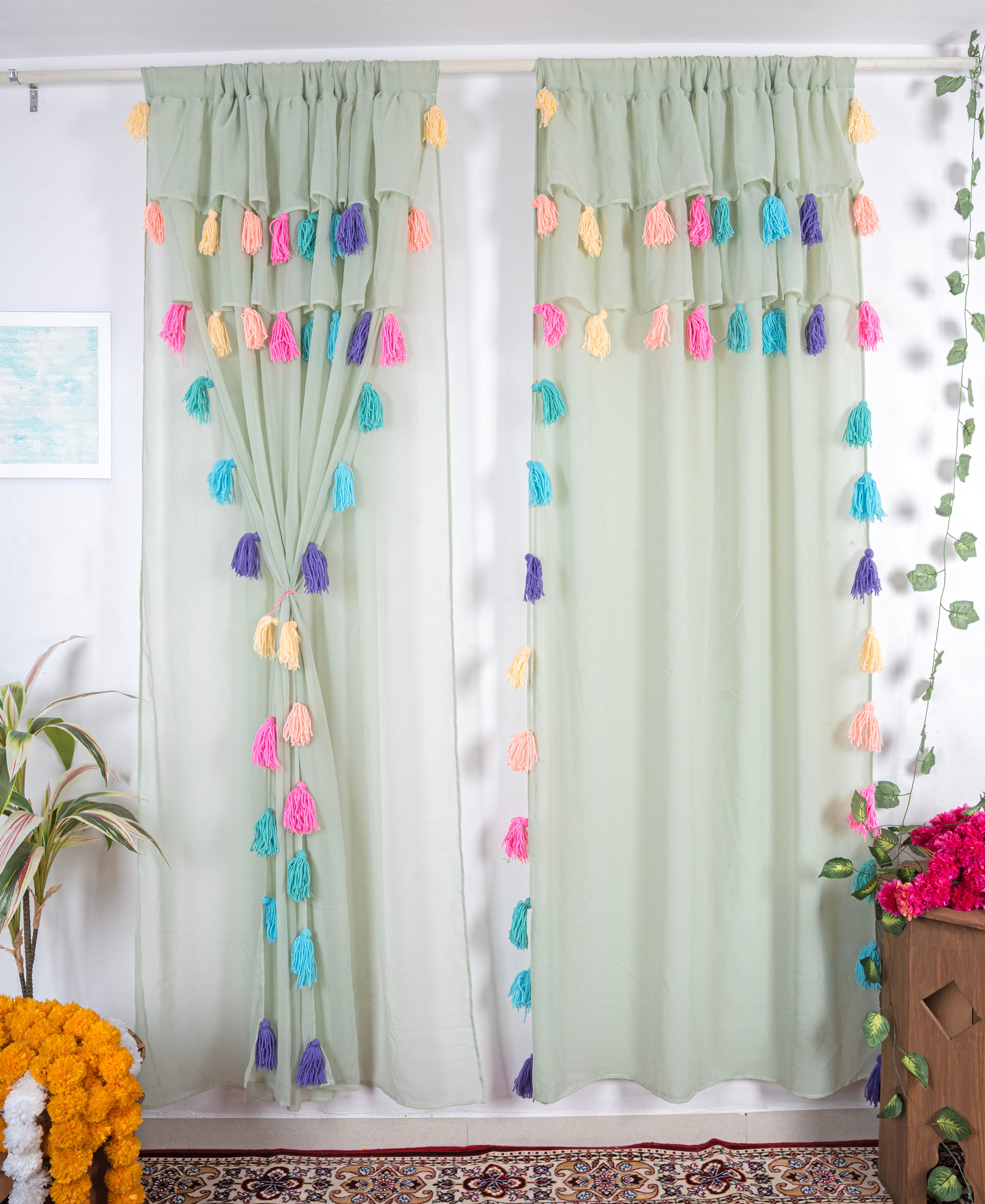 Light Green Sheer Curtains with Multicolor Tassel Details – Set of 2 Panels