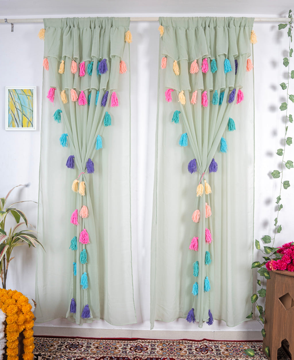 Light Green Sheer Curtains with Multicolor Tassel Details – Set of 2 Panels