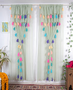 Light Green Sheer Curtains with Multicolor Tassel Details – Set of 2 Panels
