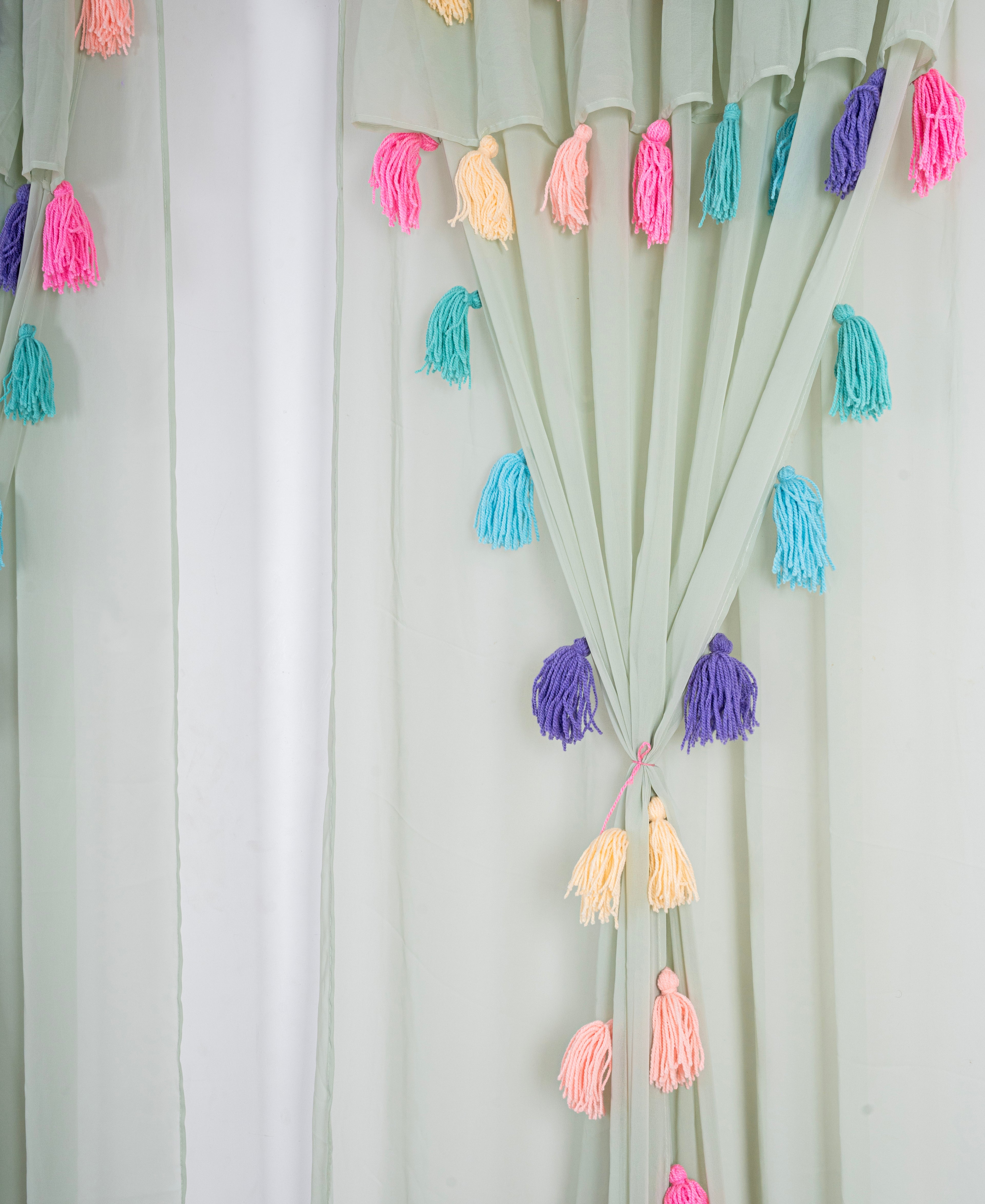 Light Green Sheer Curtains with Multicolor Tassel Details – Set of 2 Panels