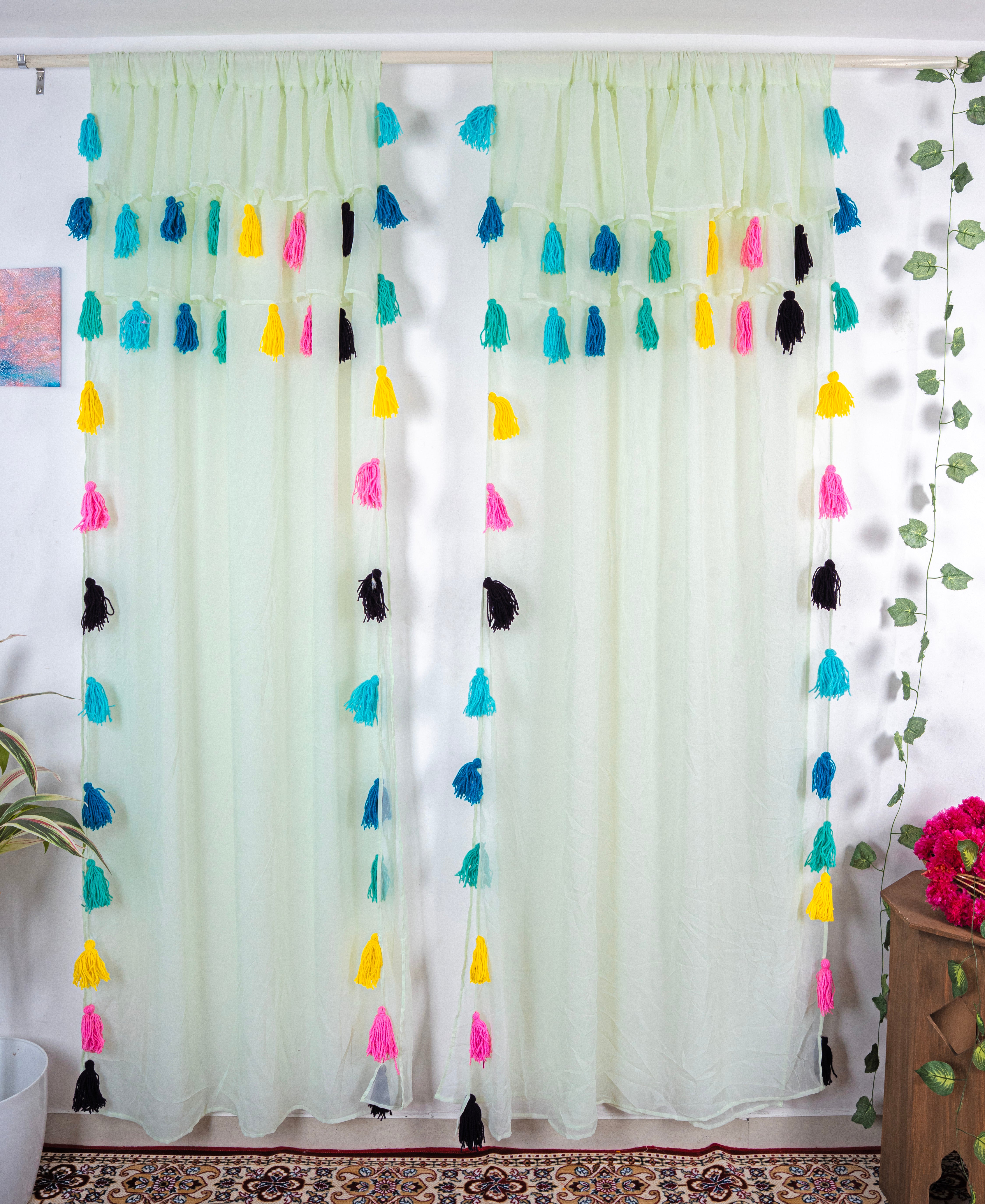 Light Mint  Sheer Curtains with Multicolor Tassel Details – Set of 2 Panels Main image