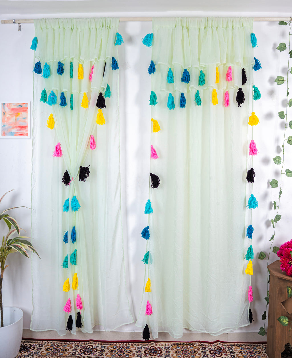 Light Mint  Sheer Curtains with Multicolor Tassel Details – Set of 2 Panels