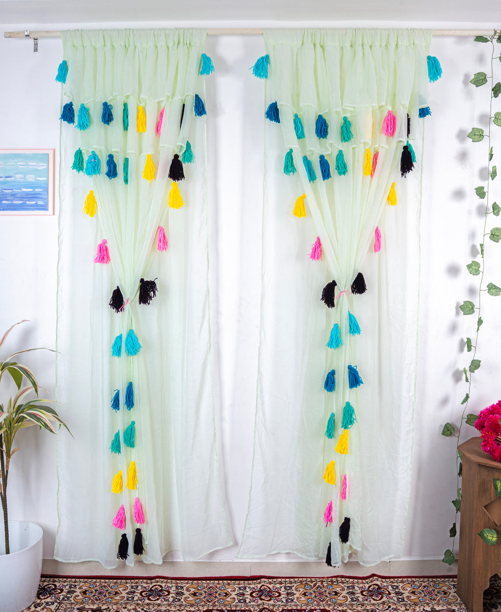 Light Mint  Sheer Curtains with Multicolor Tassel Details – Set of 2 Panels