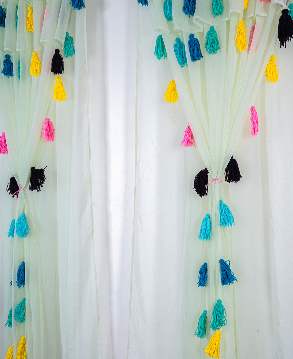 Light Mint  Sheer Curtains with Multicolor Tassel Details – Set of 2 Panels