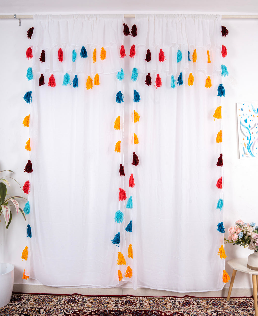 Sheer White Curtains with Multicolor Tassel Details – Set of 2 Panels