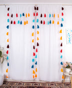 Sheer White Curtains with Multicolor Tassel Details – Set of 2 Panels