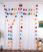 Sheer White Curtains with Multicolor Tassel Details – Set of 2 Panels