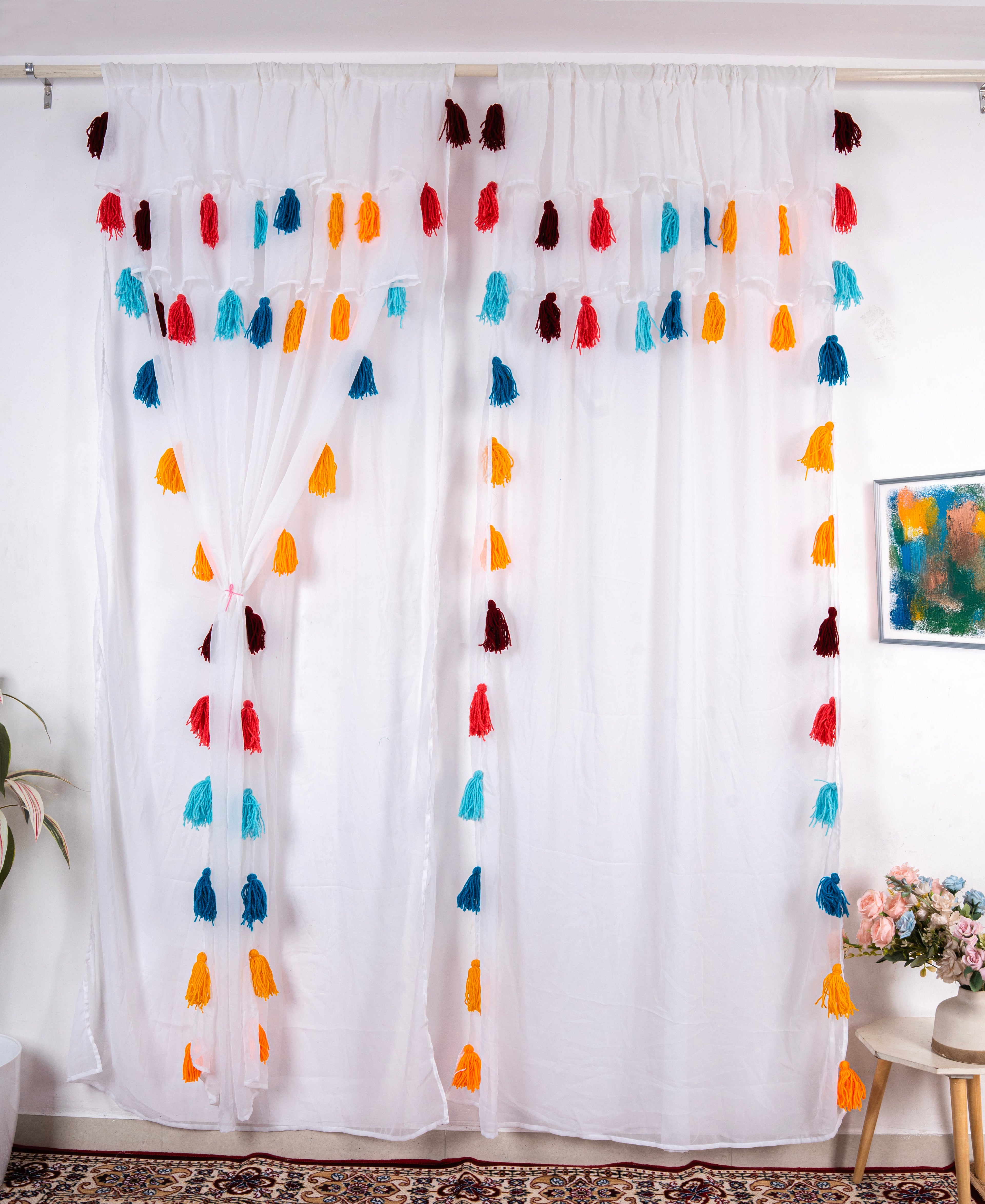 Sheer White Curtains with Multicolor Tassel Details – Set of 2 Panels